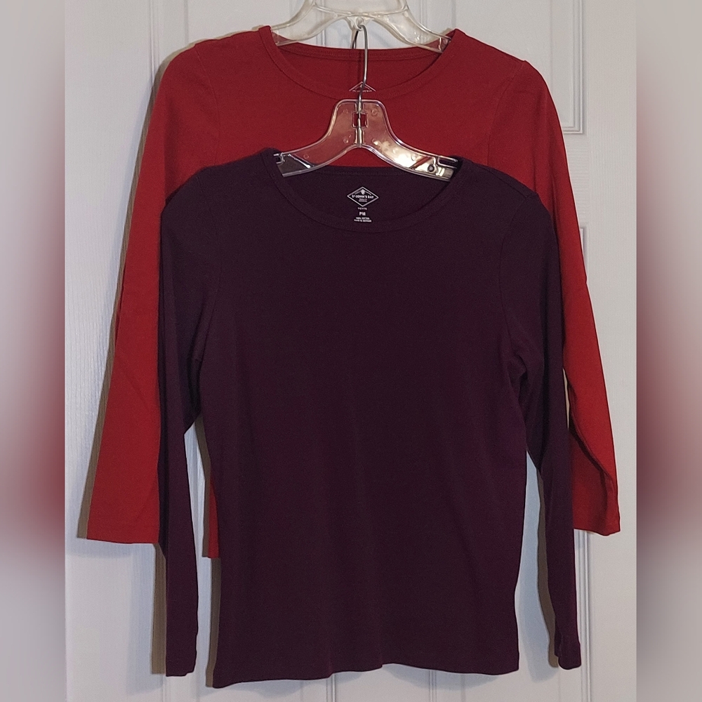 (2) St. John's Bay MP Long Sleeve Red & Deep Ruby 100% Cotton Tees